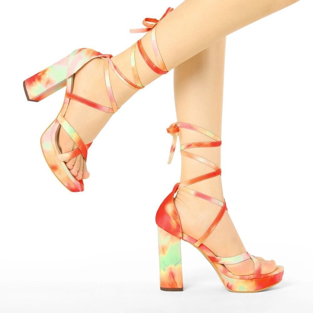 NEW ALLEGRA K WOMEN'S TIE DYE PLATFORM CHUNKY HEEL LACE UP SANDALS ORANGE